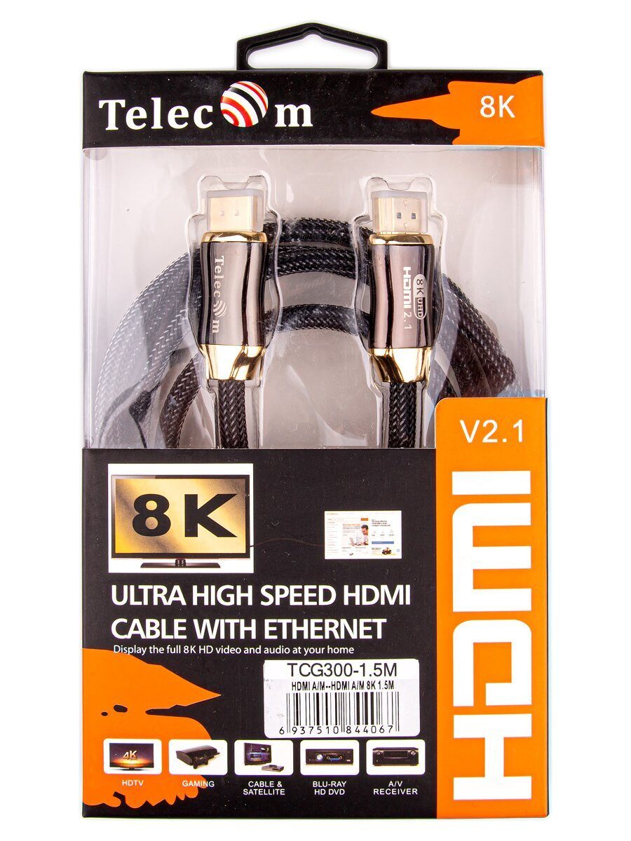 Кабель HDMI 19M/M,ver. 2.1, 8K@60 Hz 1.5m метал разъемы, нейлоновая оплетка Telecom <TCG300-1.5M>