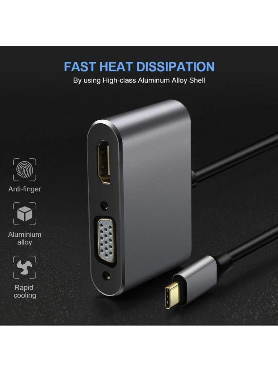 Кабель-концентратор USB3.1 TypeCm -->HDMI+USB3.0+PD+VGA Alum Grey 4K@30Hz, Telecom<TUC055>