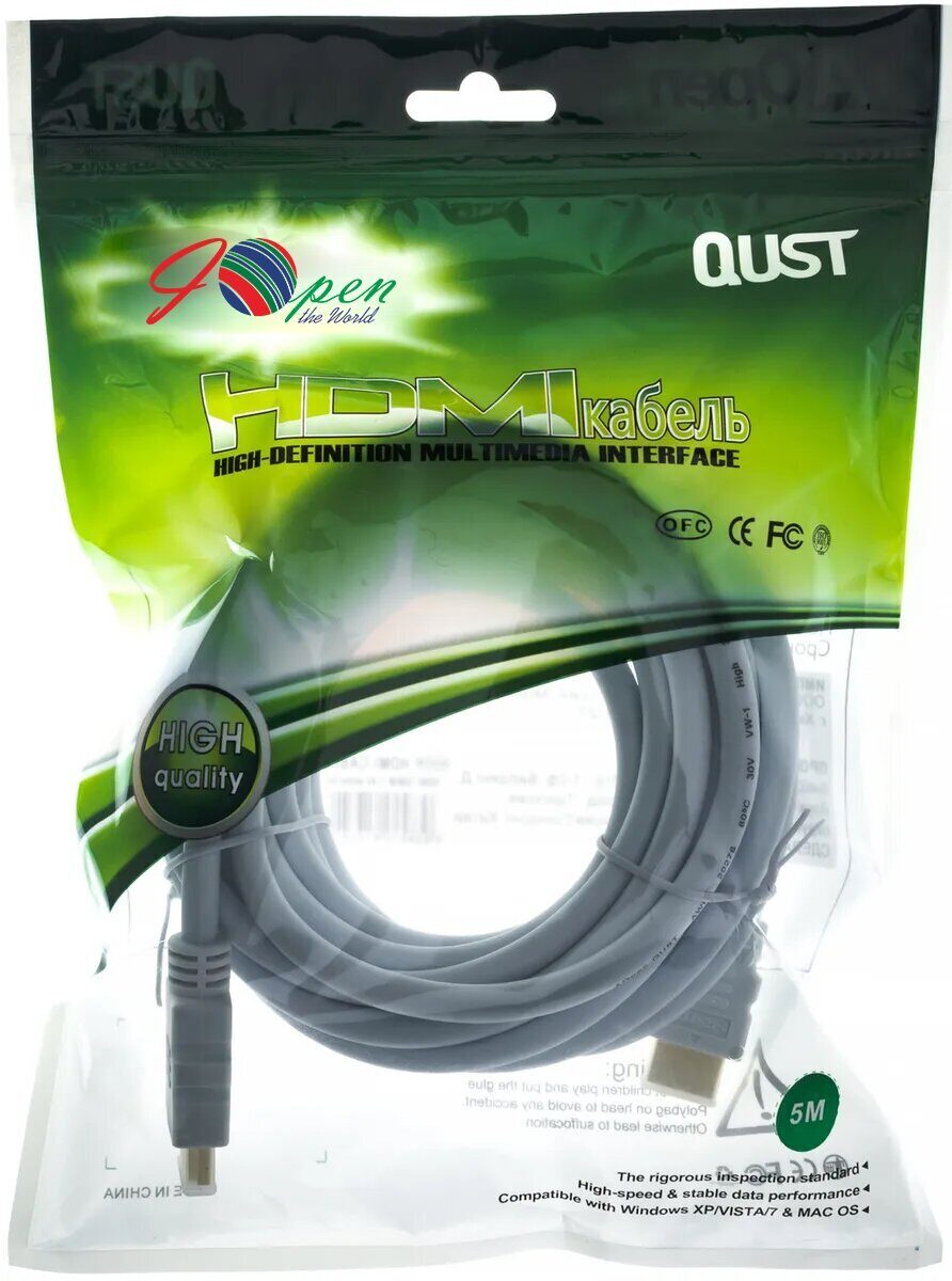 Кабель HDMI 19M/M 1.4V+3D/Ethernet iOpen (Aopen/Qust) <ACG511W-5M> 5m, белый