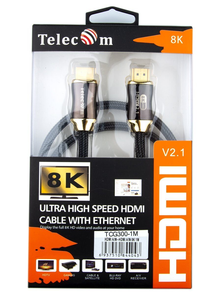 Кабель HDMI 19M/M,ver. 2.1, 8K@60 Hz 1m метал разъемы, нейлоновая оплетка Telecom <TCG300-1M>