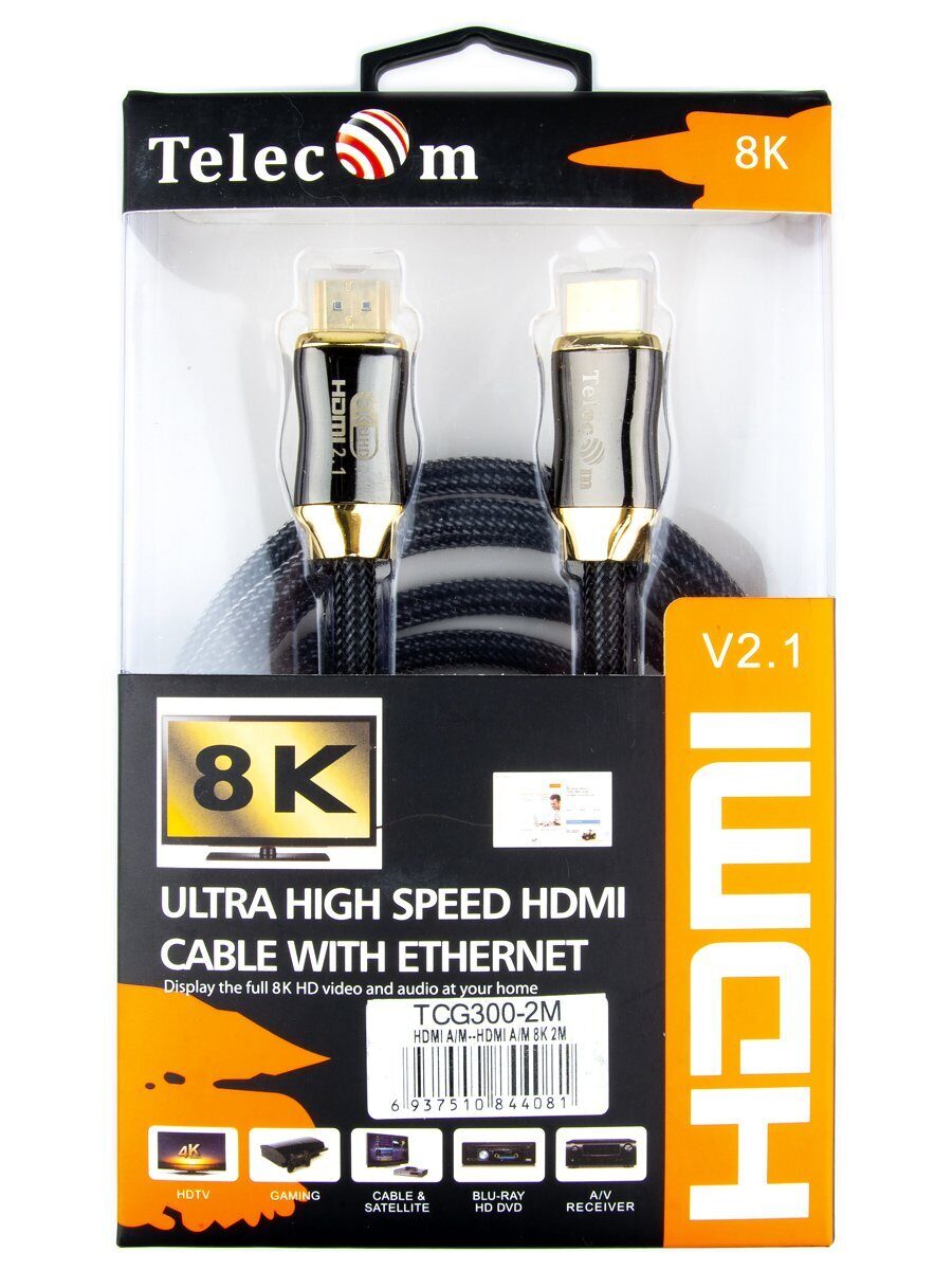 Кабель HDMI 19M/M,ver. 2.1, 8K@60 Hz 2m метал разъемы, нейлоновая оплетка Telecom <TCG300-2M>