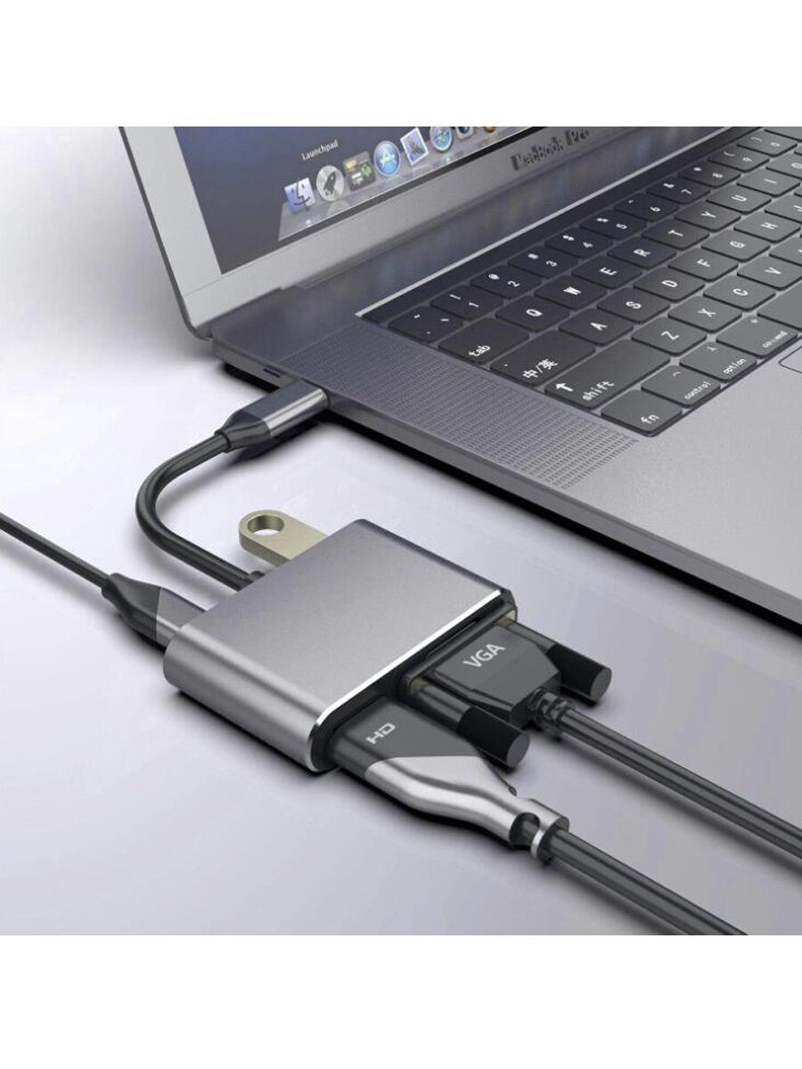 Кабель-концентратор USB3.1 TypeCm -->HDMI+USB3.0+PD+VGA Alum Grey 4K@30Hz, Telecom<TUC055>