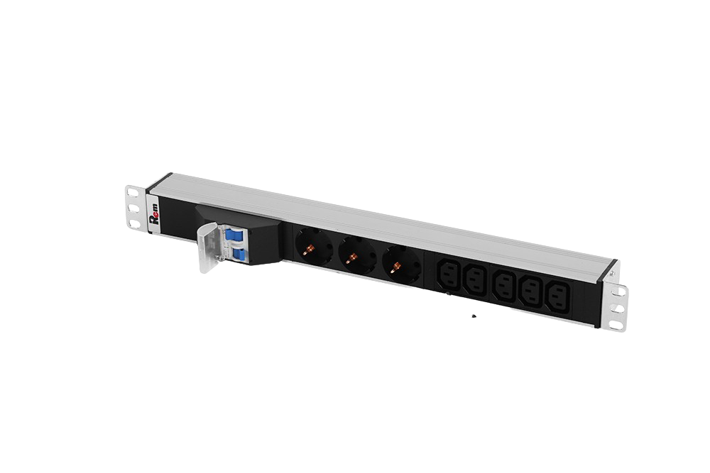 Блок розеток Rem-32 с авт., 3 Sсhuko, 5 IEC 60320 C13, 32А, алюм., 19", колодка