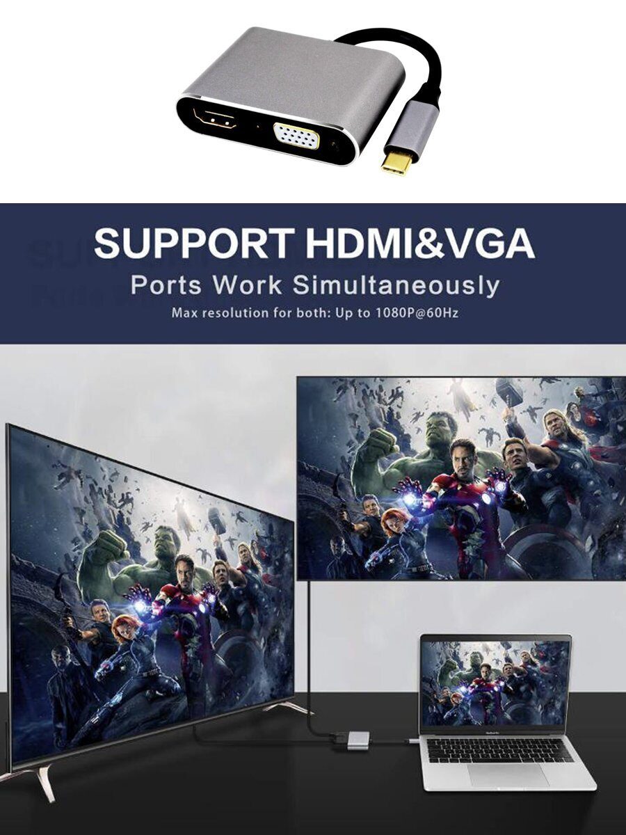 Кабель-концентратор  USB3.1 Type-Cm --> HDMI (f)+VGA(f), Alum Grey 4K@30 Hz,Telecom<TUC050>