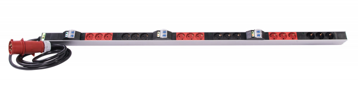 Вертикальный блок розеток Rem-3x32, 3 фазы 32A, 6 авт, инд, 18 S, 1420 мм, вх IEC 309, шнур 3 м