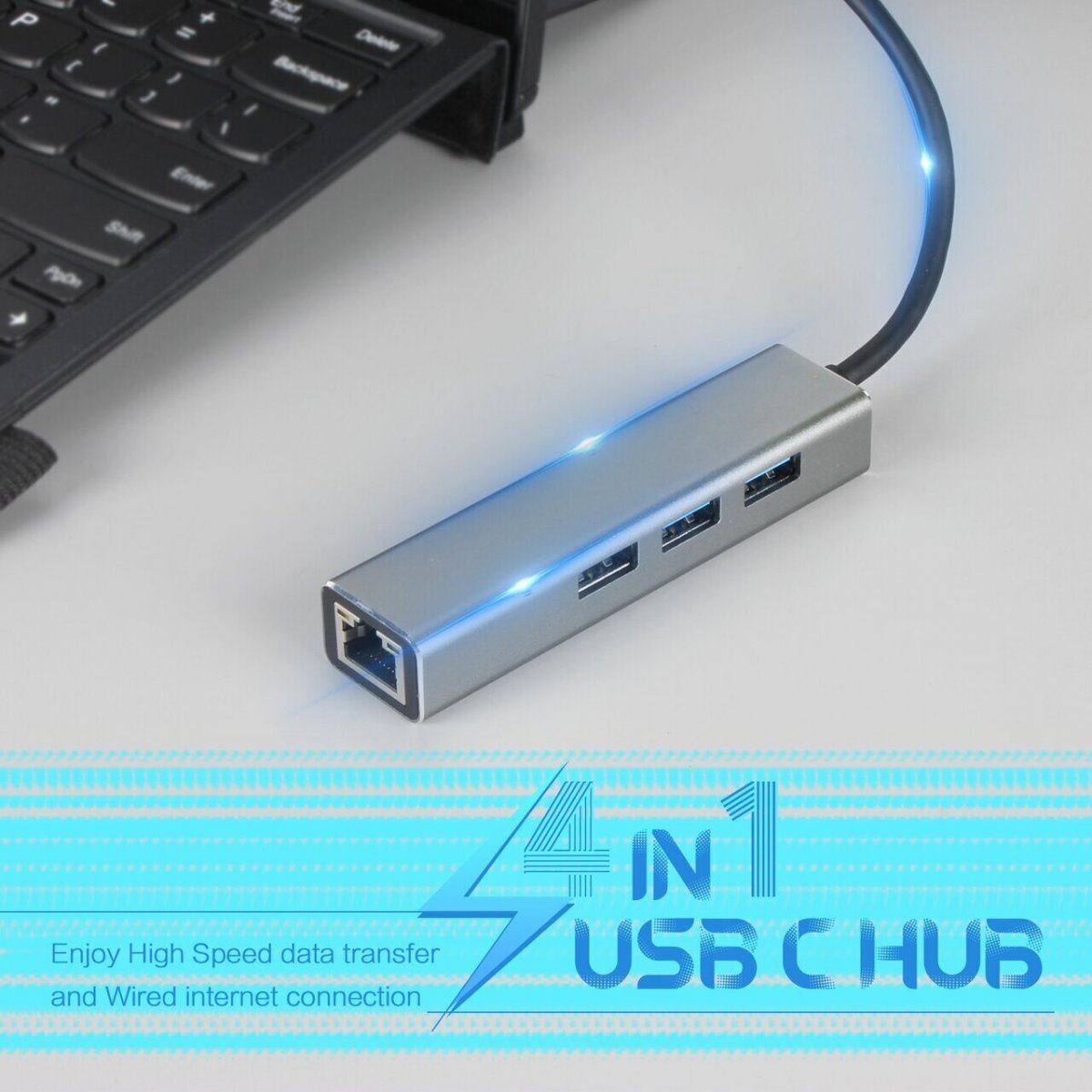 Кабель-концентратор USB 3.1 Type-Cm --> RJ-45+3port USB3.0(f)  Aluminum Shell VCOM <DH311A>