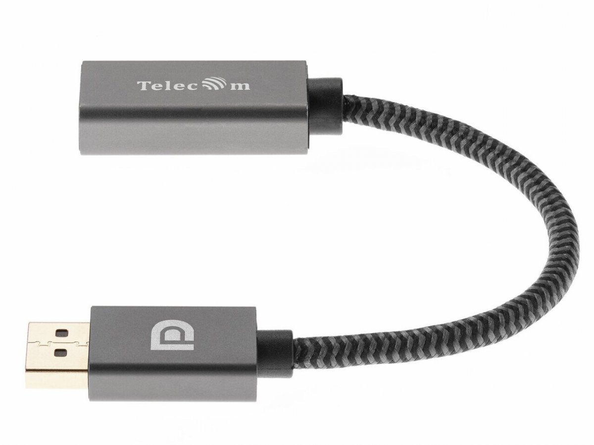 Кабель-переходник DP --> HDMI-F 0.2m , серый металлик, оплетка, 4K@60Hz, Telecom (TA560)
