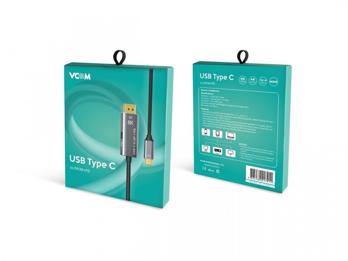 Кабель-адаптер USB Type-Cm --> DP1.4v (m) 8K@60Hz, PD 100W,1.8m , Alum Shell,VCOM <CU480MCPD-1.8M>