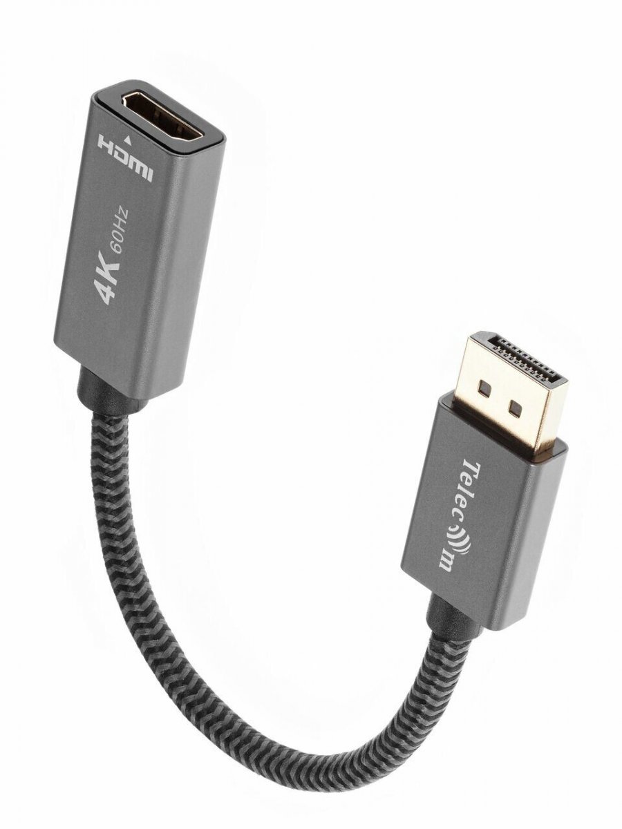 Кабель-переходник DP --> HDMI-F 0.2m , серый металлик, оплетка, 4K@60Hz, Telecom (TA560)