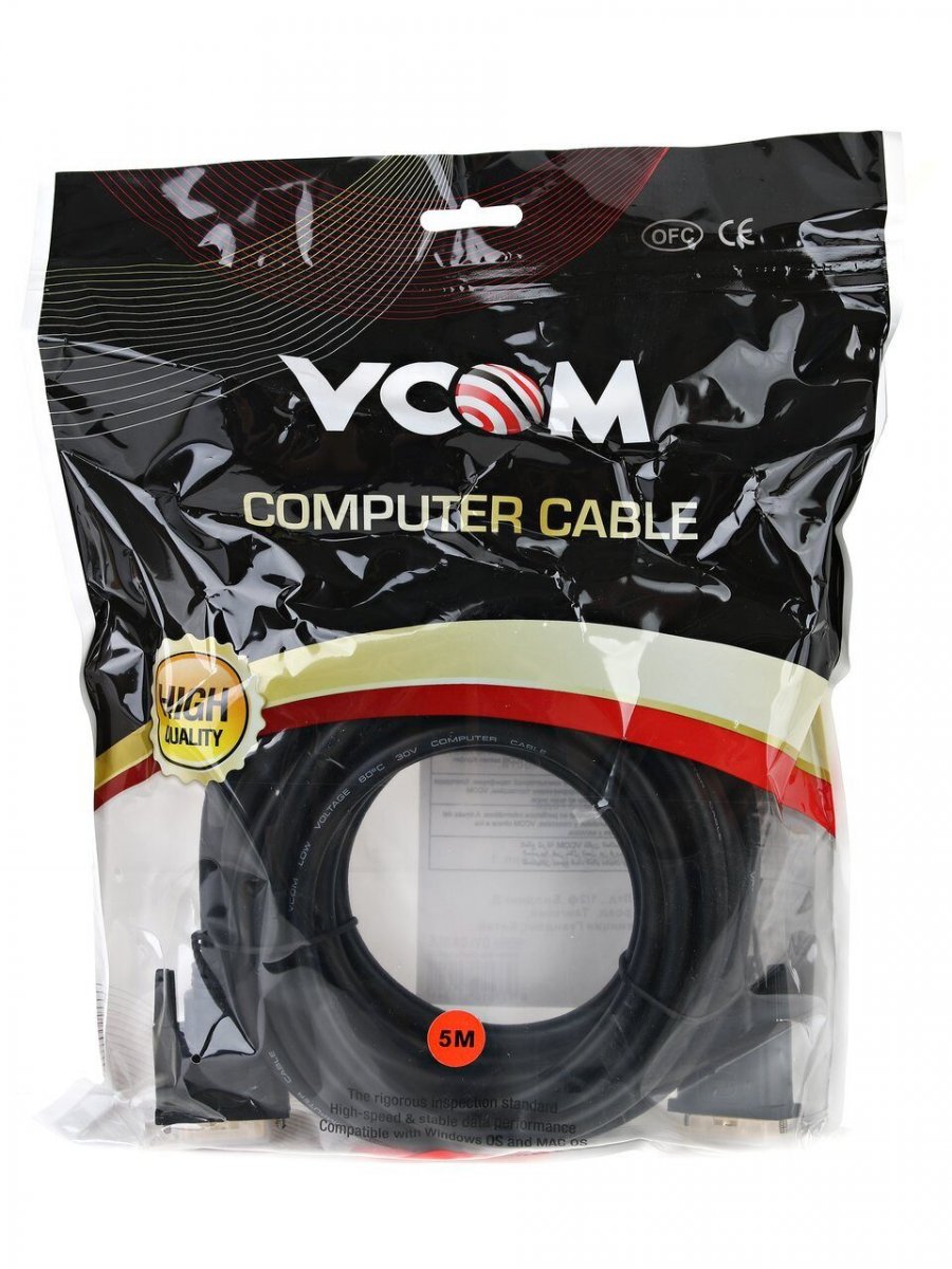Кабель VCOM DVI-DVI Dual Link (25M-25M), 5m, 2 фильтра, позолоченные контакты