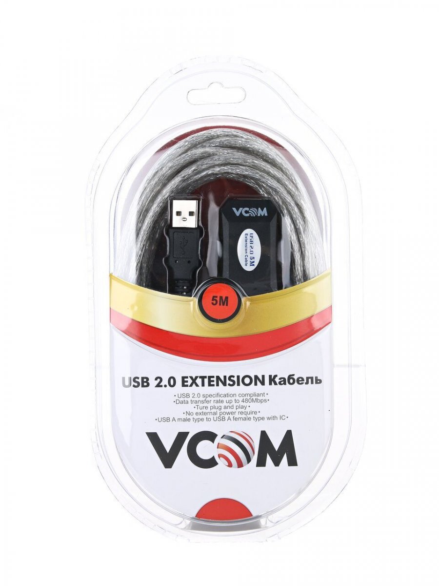 Кабель-адаптер USB2.0-repeater, удлинительный активный Am-Af 5м VCOM