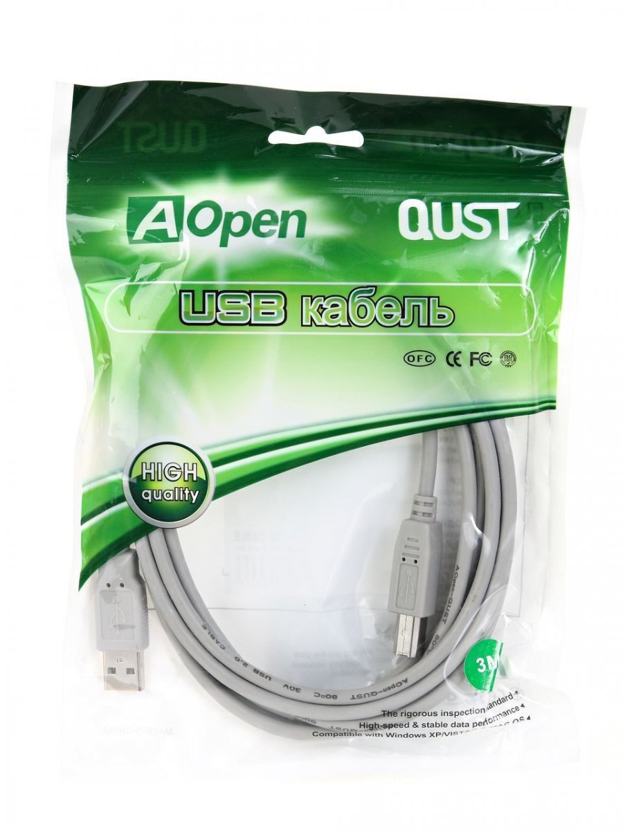 Кабель соединительный Aopen USB2.0 AM/BM 3m серый (ACU201G-3M)