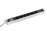 Блок розеток Rem-16 с выкл и USB-портом, 6 Schuko, 16A, алюм., 19", шнур 1,8 м.