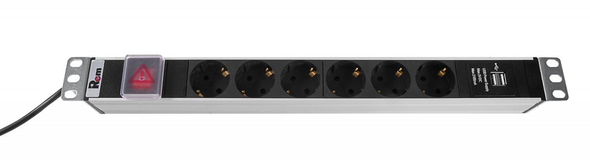 Блок розеток Rem-16 с выкл и USB-портом, 6 Schuko, 16A, алюм., 19", шнур 3 м.