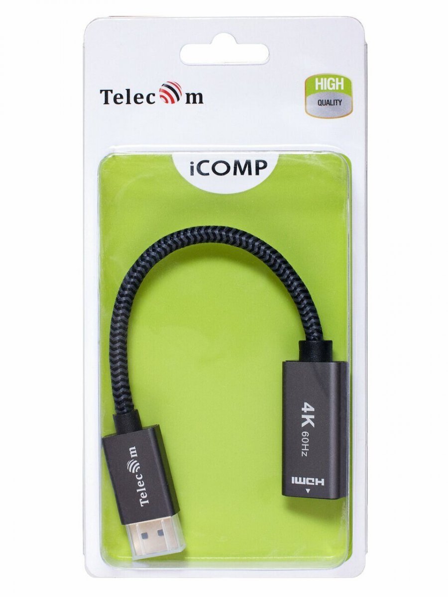 Кабель-переходник DP --> HDMI-F 0.2m , серый металлик, оплетка, 4K@60Hz, Telecom (TA560)