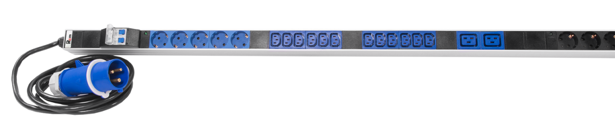 Вертикальный блок розеток Rem-32, 1 фаза 32A, 2 авт, инд, 10 S, 24 C13, 4 C19, 1820 мм, вх IEC 309, шнур 3 м