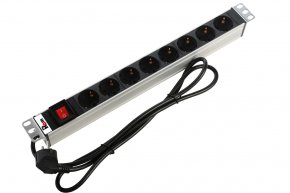 Блок розеток Rem-16 с выкл., 8 Schuko, 16A, алюм., 19", шнур 3 м.