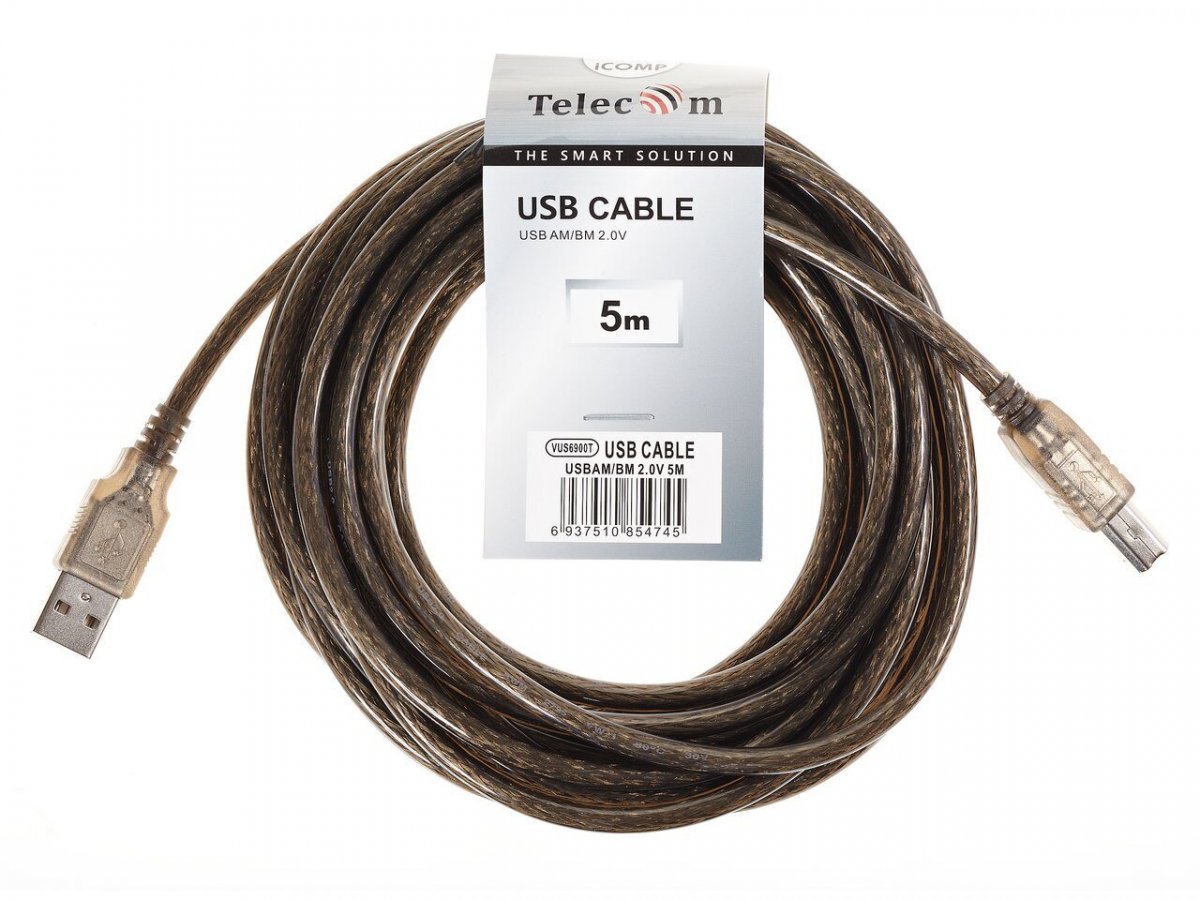 Кабель USB2.0 AM/BM 5m прозрачная изоляция Telecom (VUS6900T-5M)