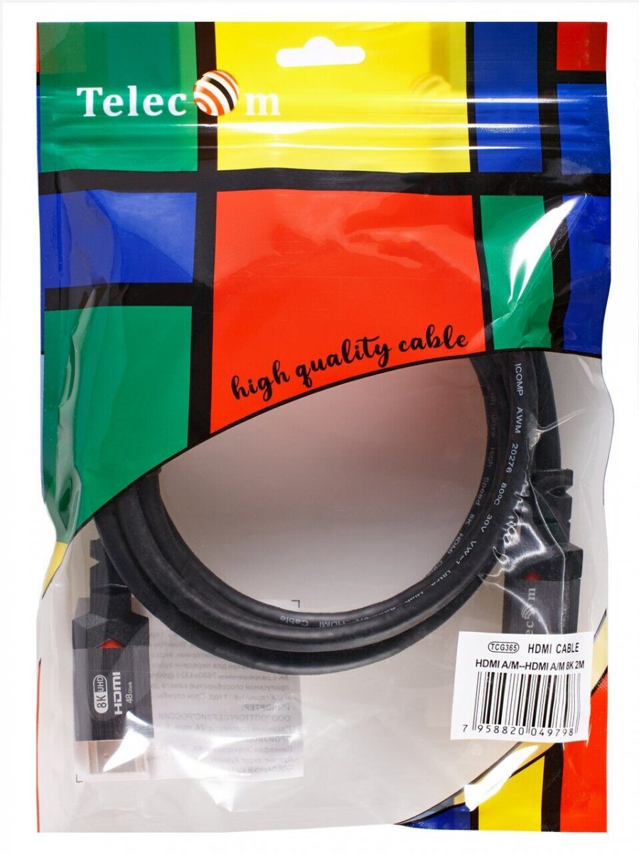 Кабель HDMI 19M/M,ver. 2.1, 8K@60 Hz 2m метал разъемы, Telecom <TCG365-2M>