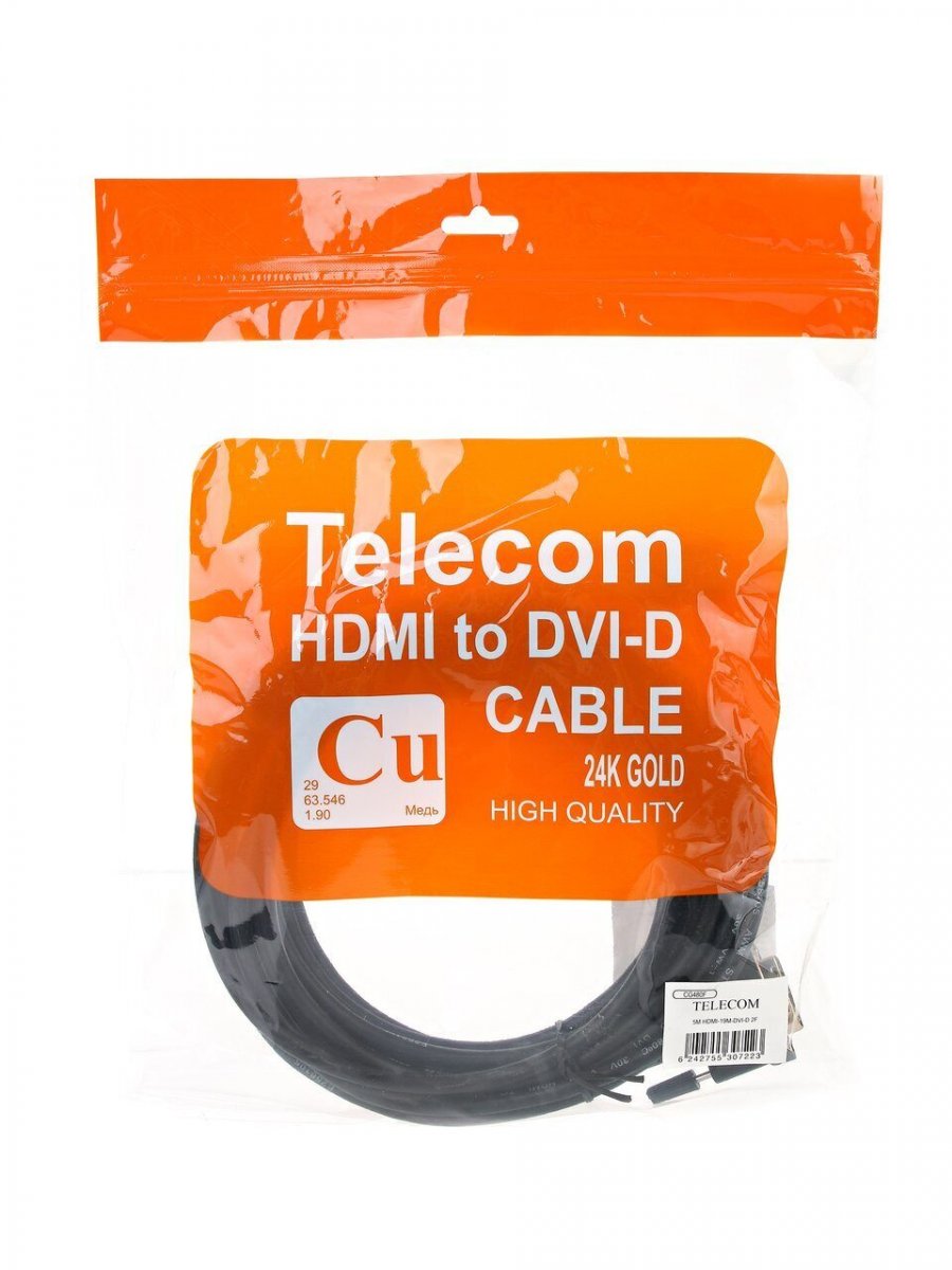 Кабель Telecom HDMI to DVI (19M -19M) CCS, 2 фильтра, 5м , с позолоченными контактами