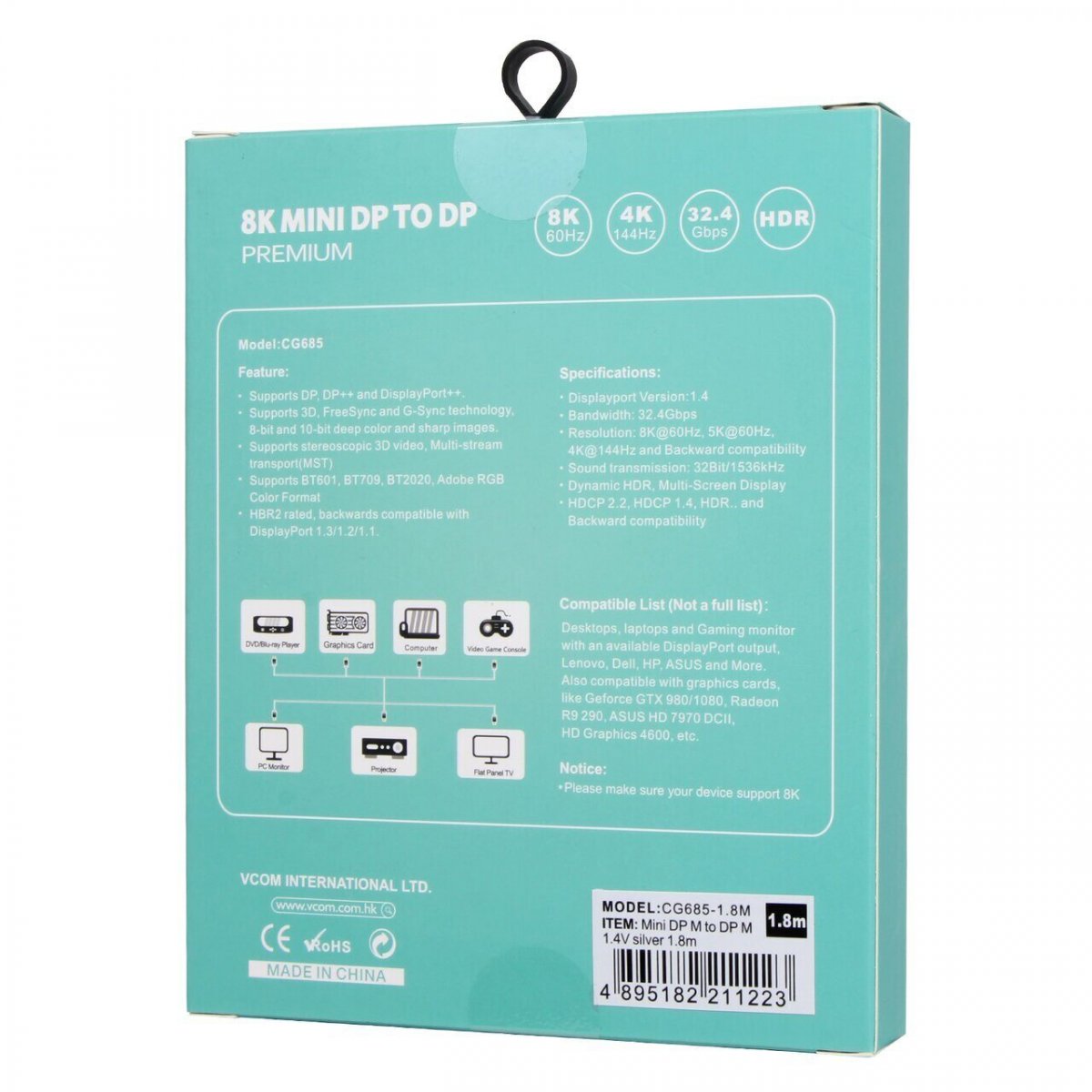 Кабель-переходник Mini DisplayPort M -> Display Port M 1.4V 1,8м VCOM <CG685-1.8M>
