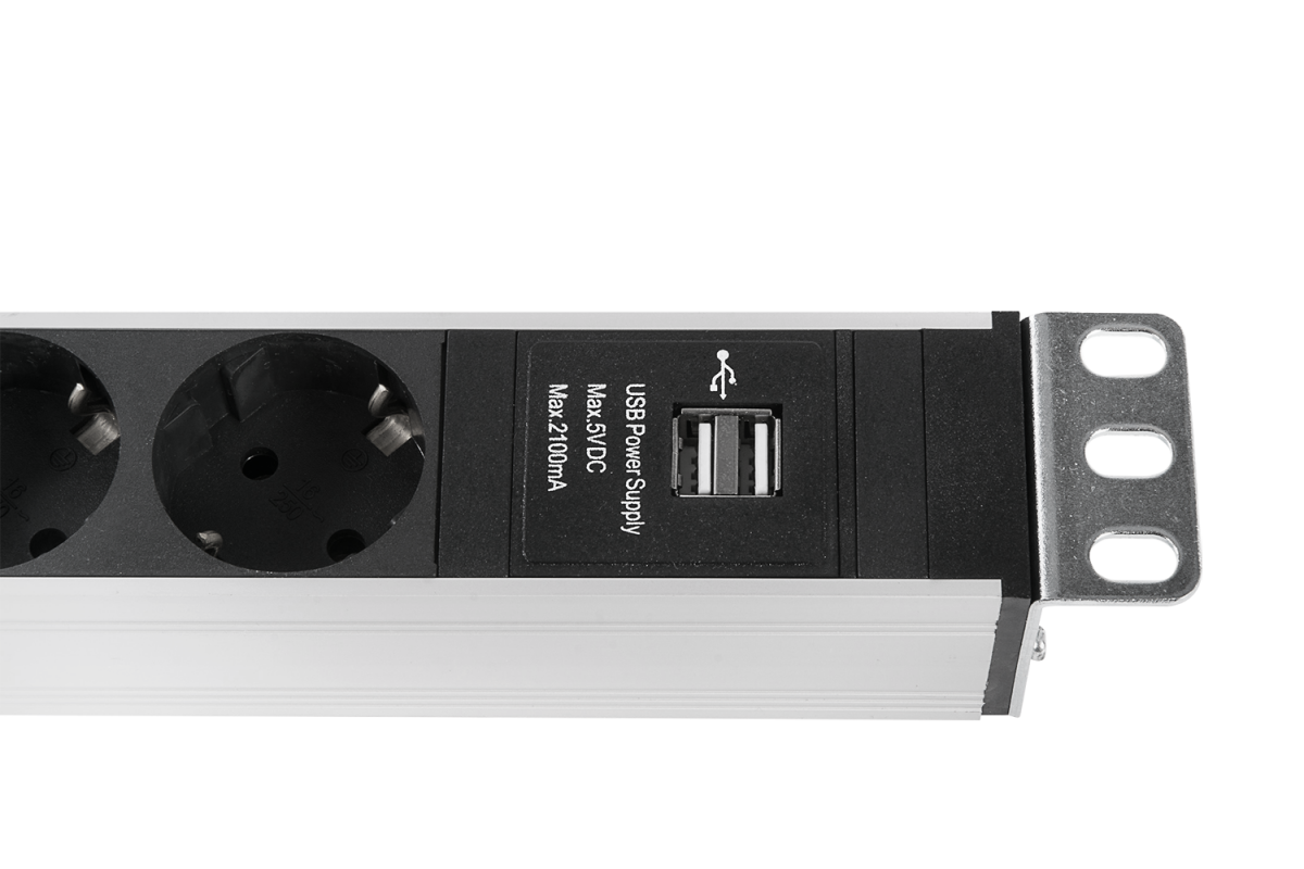 Блок розеток Rem-16 с выкл и USB-портом, 6 Schuko, 16A, алюм., 19", шнур 3 м.