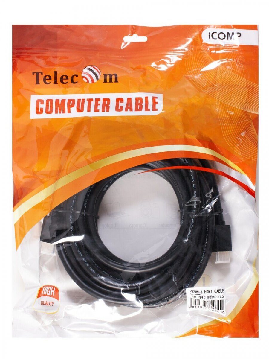 Кабель HDMI-19M --- HDMI-19M ver 2.0+3D/Ethernet ,7.5m, 2 фильтраTelecom <TCG215F-7.5M>
