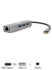 Кабель-концентратор USB 3.1 Type-Cm --> RJ-45+3port USB3.0(f)  Aluminum Shell VCOM 