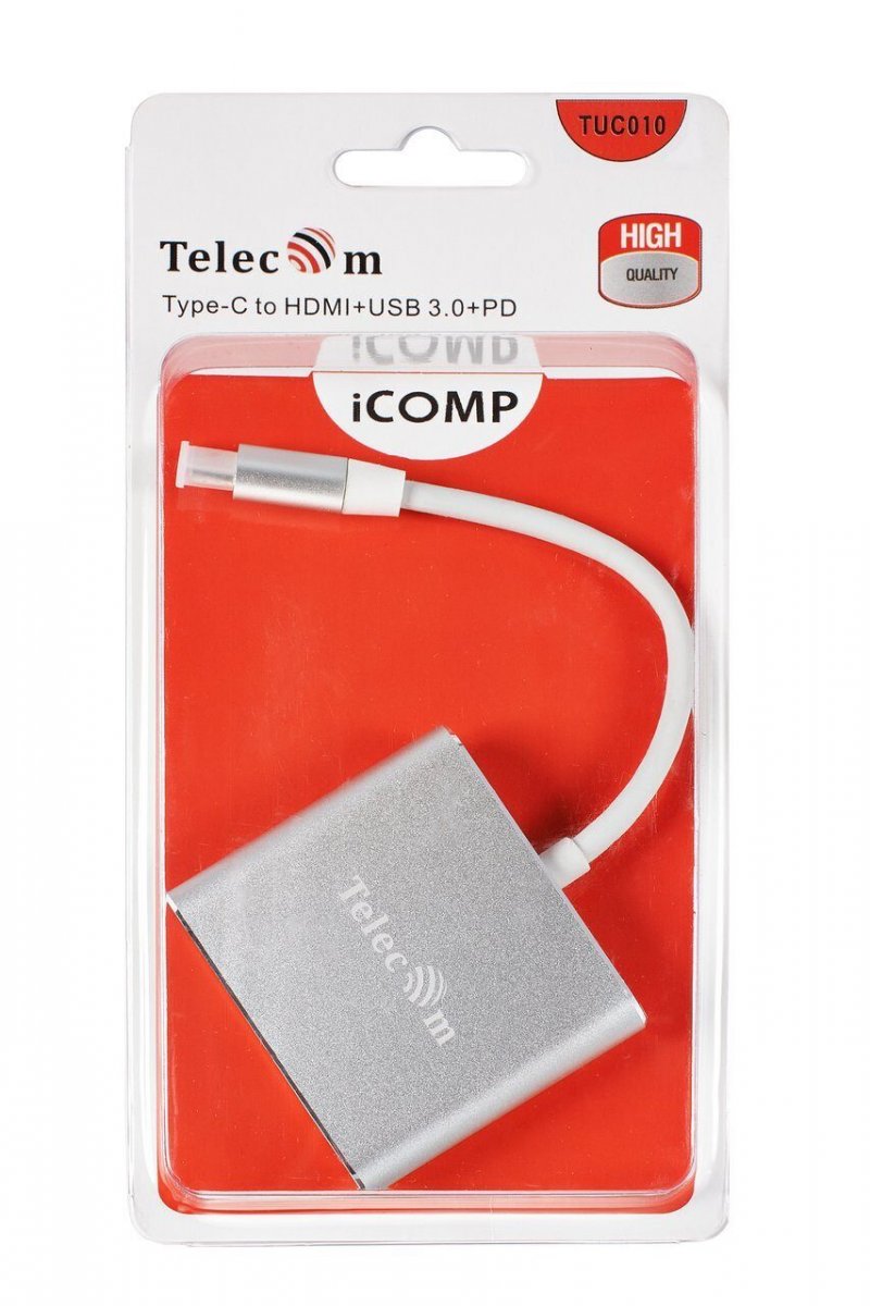 Кабель-концентратор USB3.1 TypeC(m) to HDMI+USB3.0 +PD charging 4K@30Hz, Telecom<TUC010>
