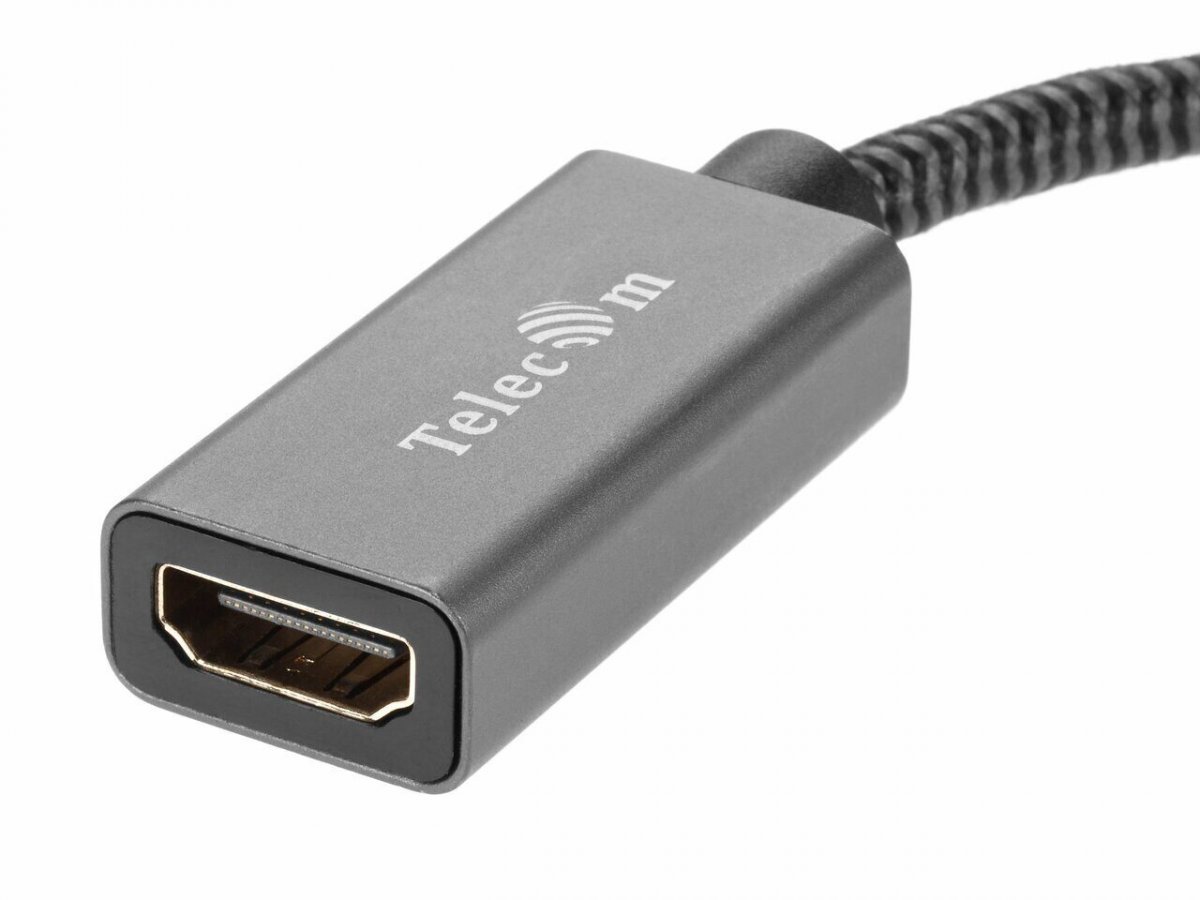 Кабель-переходник DP --> HDMI-F 0.2m , серый металлик, оплетка, 4K@60Hz, Telecom (TA560)