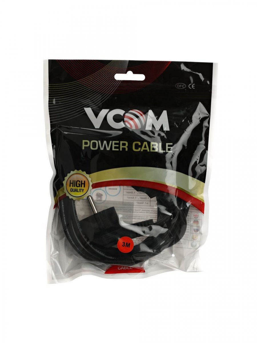 Кабель компьютер-розетка 220V (EURO)  3G 0,5mm2 VCOM {CE021-CU} 3 метра