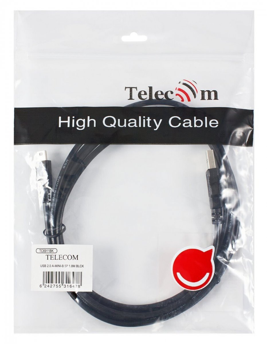 Кабель USB 2.0 A-->mini-B 5P (1.8 м) черный, Telecom<TC6911BK-1.8M>