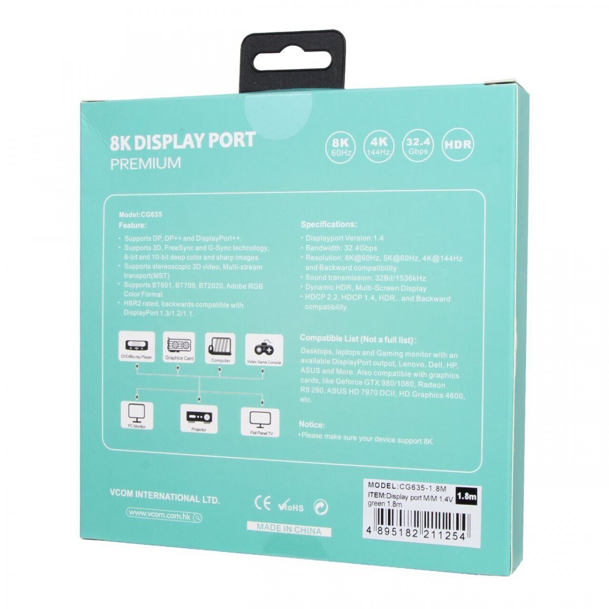 Кабель соединительный DISPLAY PORT v1.4, 8K@60Hz, 1.5m VCOM CG635-1.5M